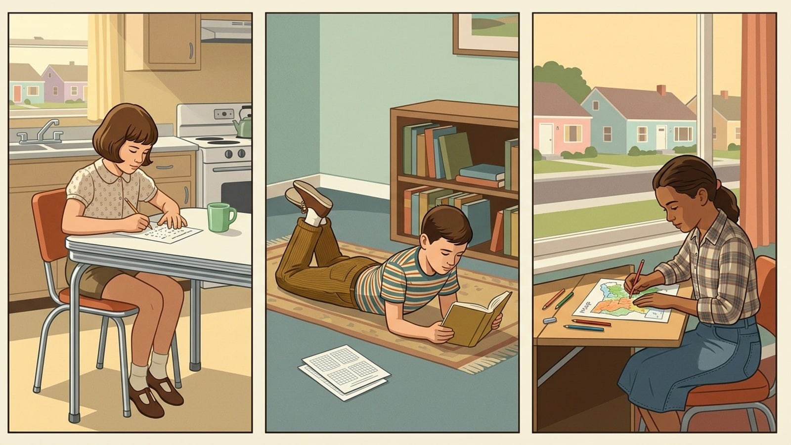 Three-panel mid-century flat comic: a child doing arithmetic at a chrome kitchen table, a child reading on a living room rug, a child coloring a paper map at a fold-down desk by a picture window