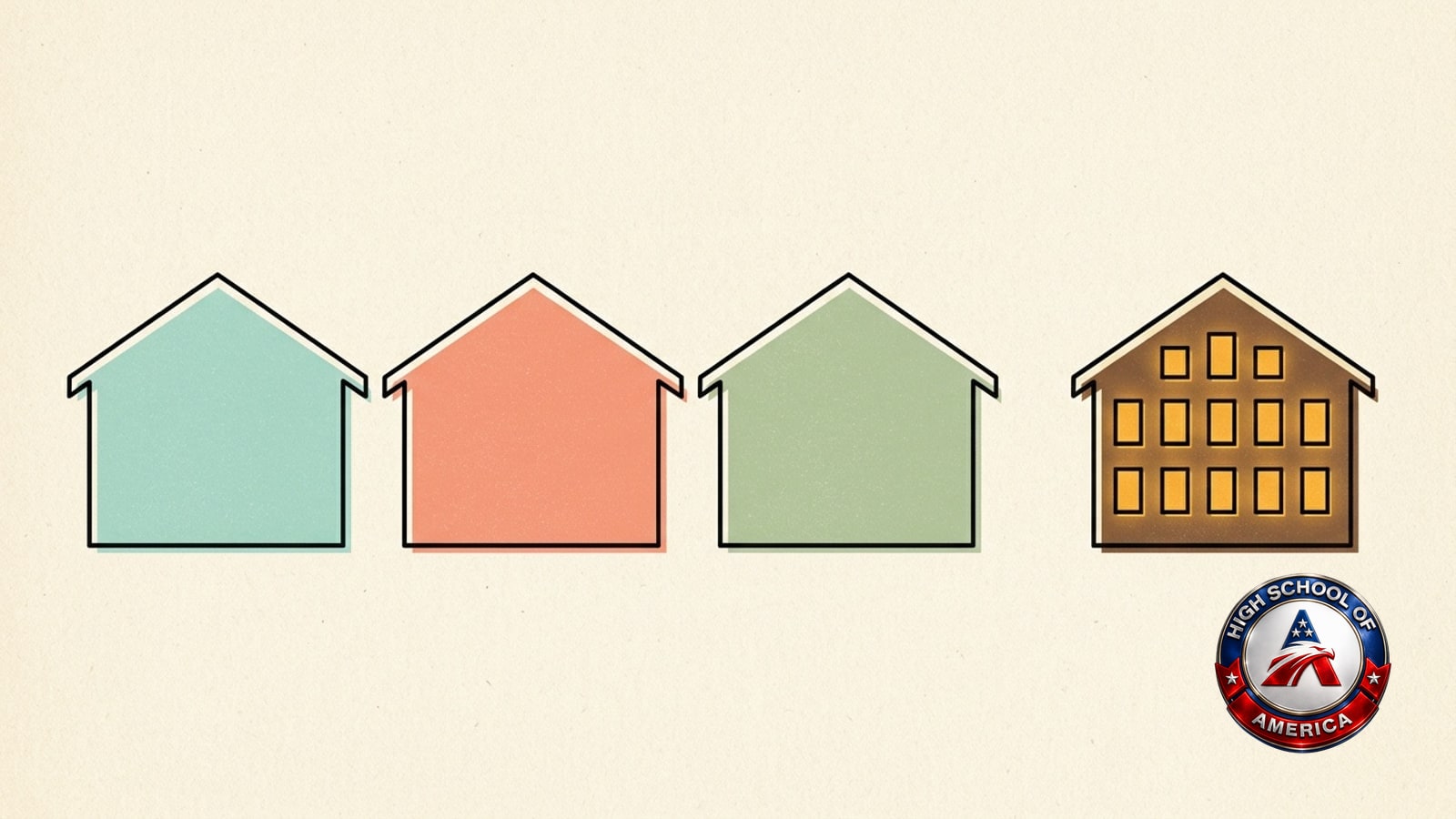 Mid-century flat illustration: three identical pastel house outlines in a row beside one warm house glowing with thirteen small lit windows