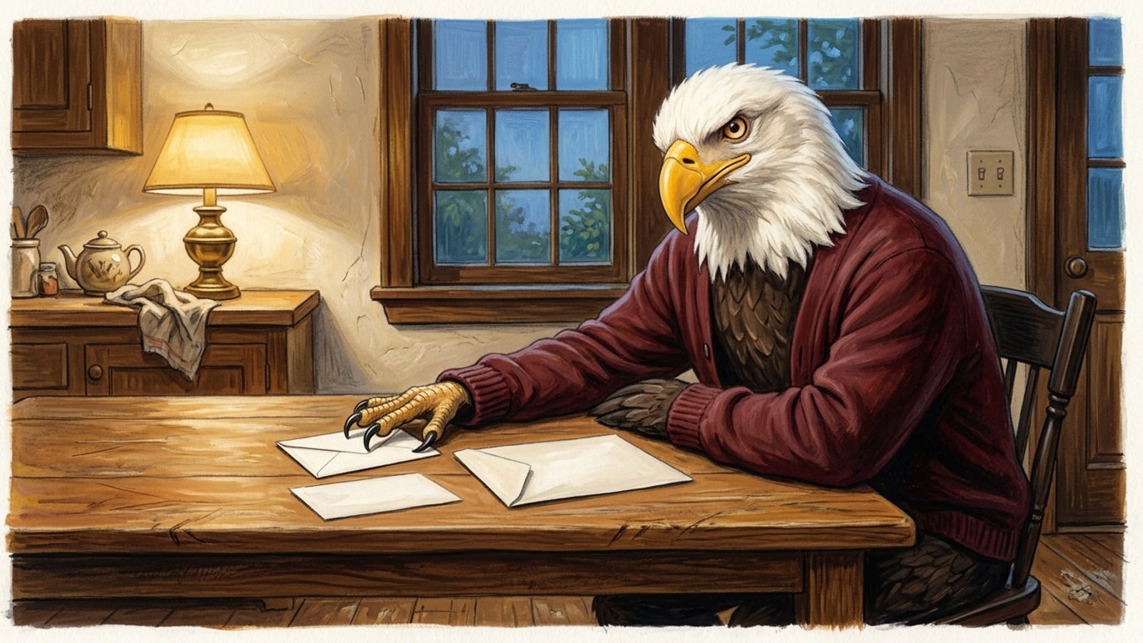 Frankfort online homeschool: the eagle at a kitchen table with two blank envelopes, one hand resting on the smaller