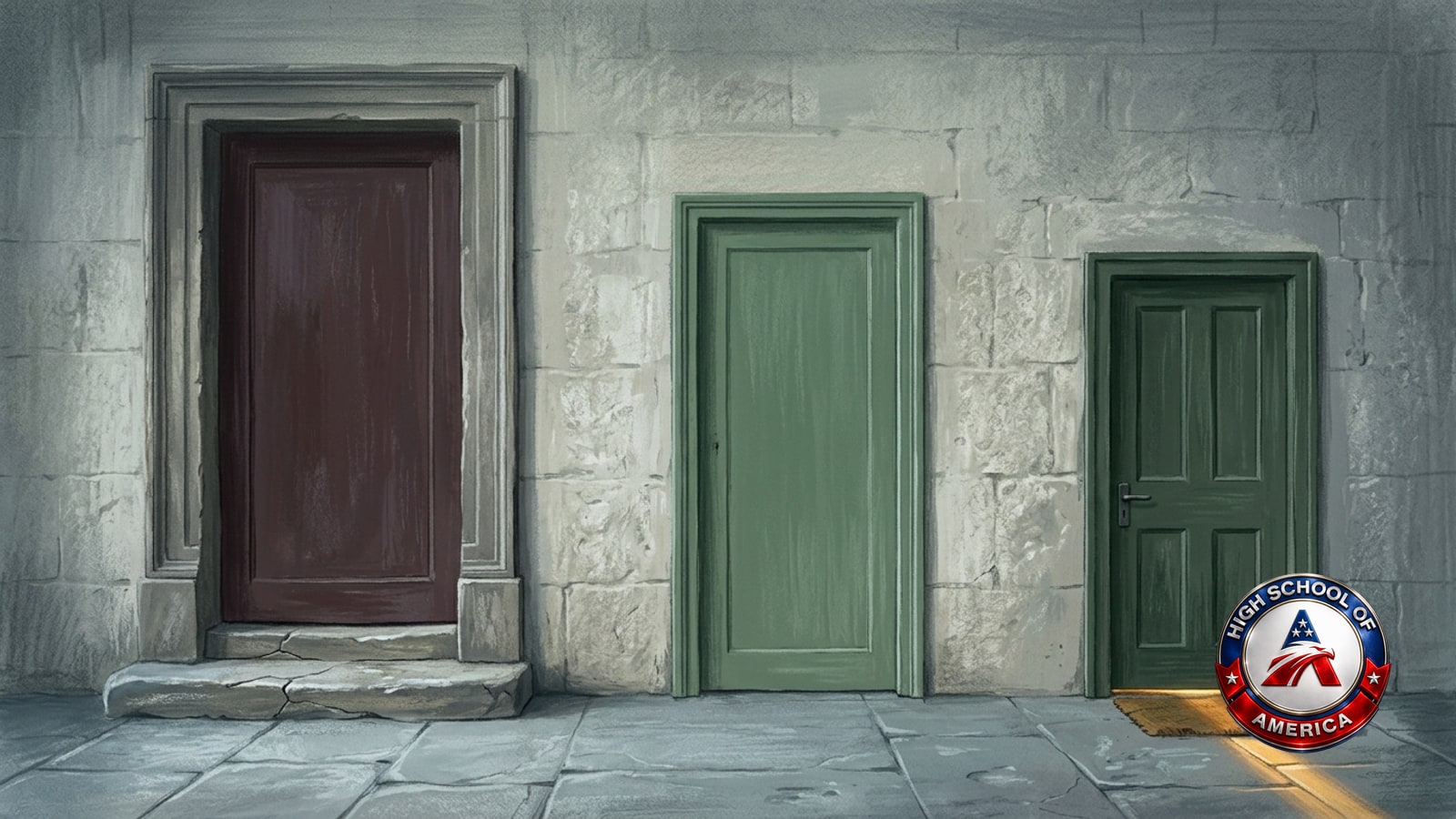 Frankfort online homeschool: three closed doors of decreasing size, with warm light showing only under the smallest
