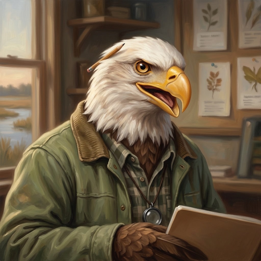 Galloway online homeschool: the High School of America eagle as head of school, in field naturalist dress at a marsh-side field station
