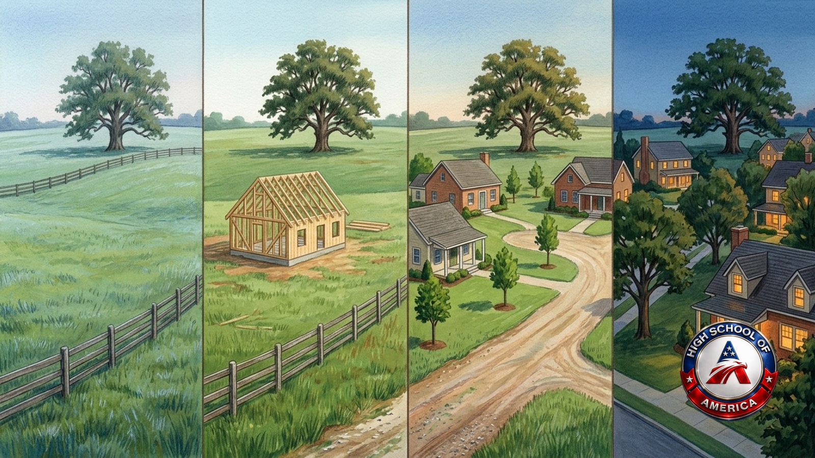 Georgetown online homeschool: one field painted four times as it fills with houses, the old oak fixed in place