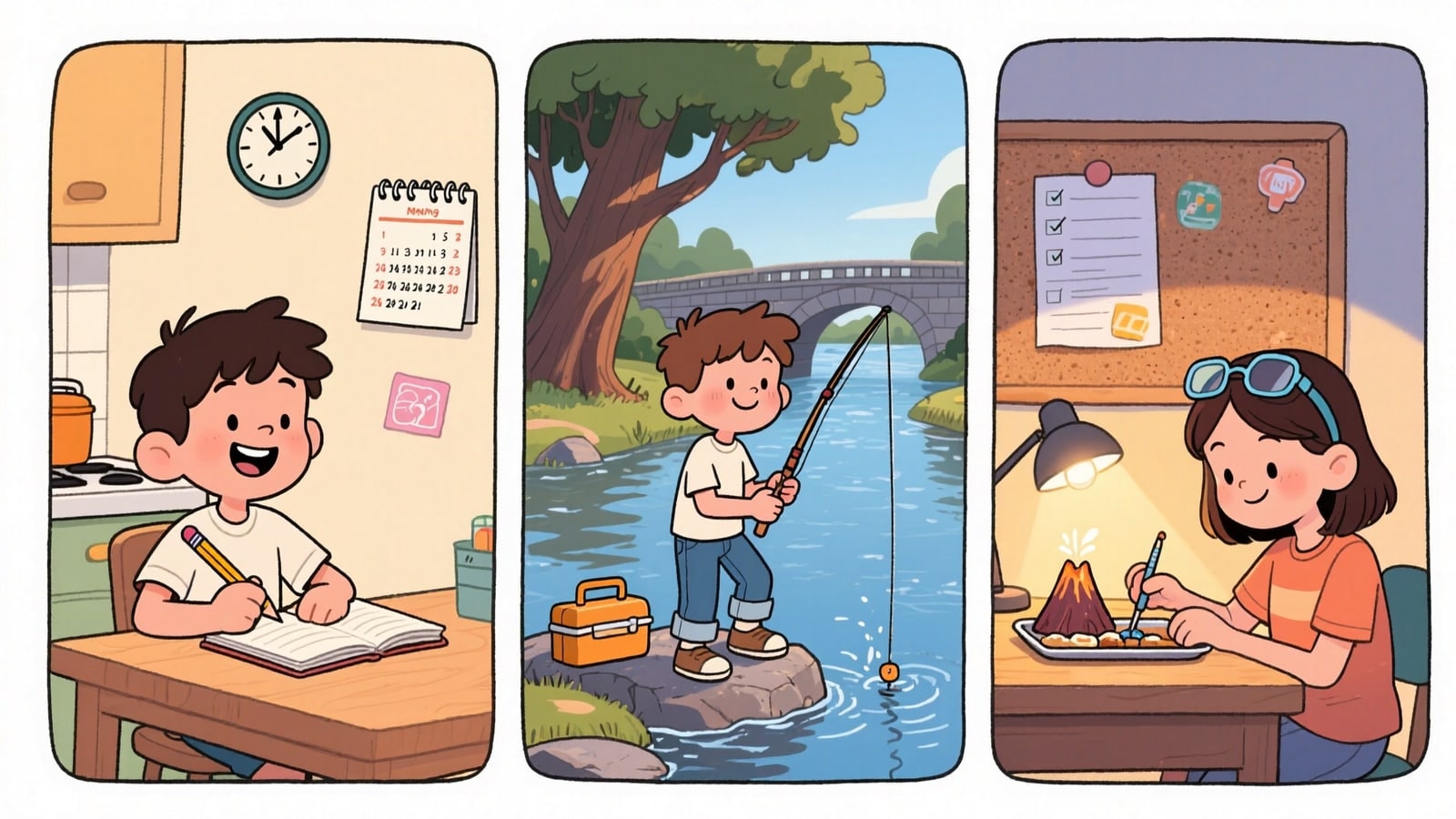 Hampden Township online homeschool comic: a fourth grader closes his workbook before noon, spends the afternoon fishing the creek, and a high schooler runs her science lab with the checklist signed off