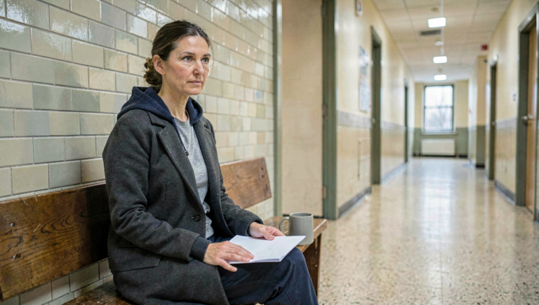 An Illinois parent waiting on a bench in a school corridor with a withdrawal letter resting on her knee