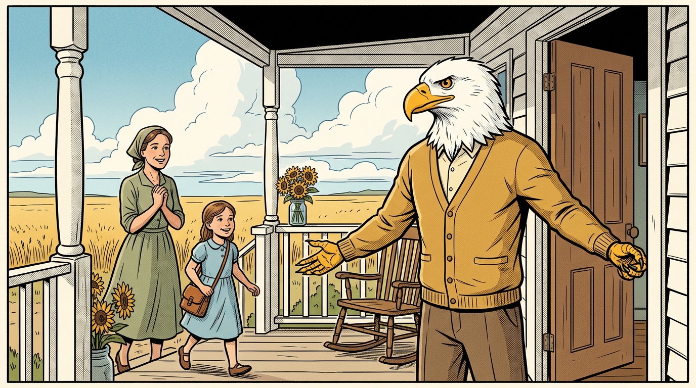 Comic panel: the High School of America eagle opens a Kansas farmhouse front door wide like a school's main entrance, welcoming a child with a satchel while her mother watches proudly from the porch