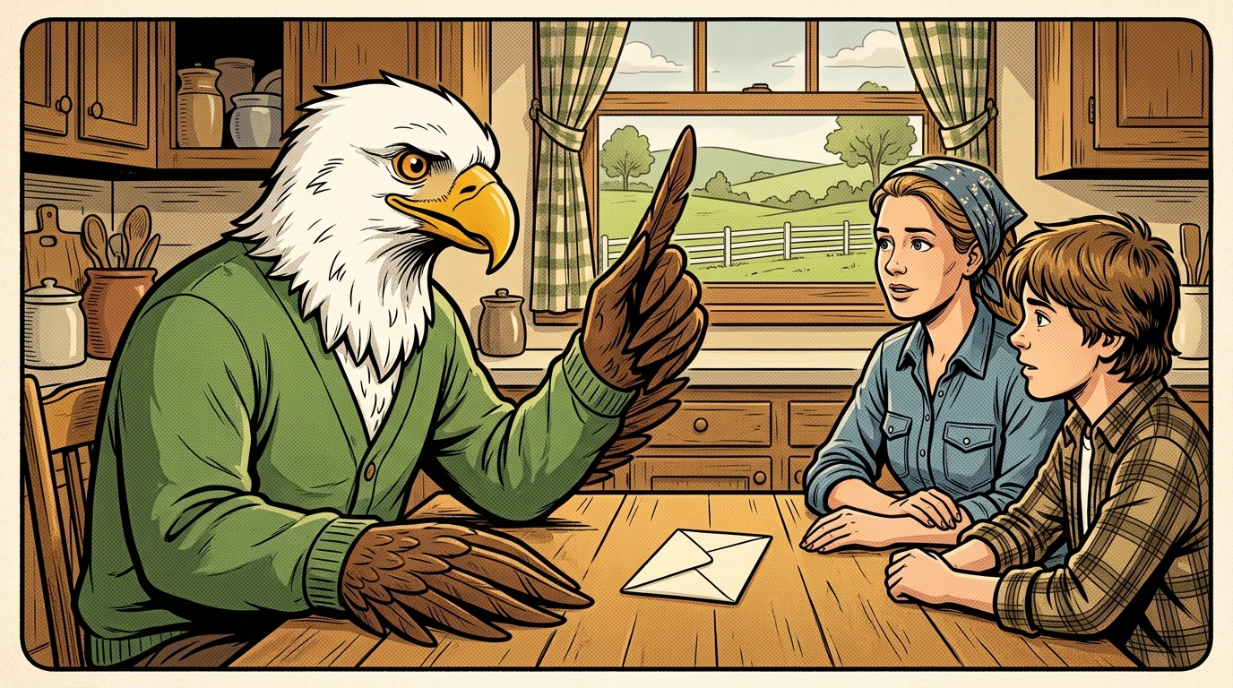Comic panel: the eagle asks a Kentucky family the one question nobody tells them to ask, about who notifies the school board