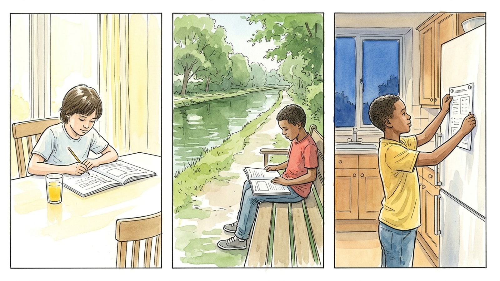 Three-panel watercolor comic: a child with a workbook at a sunlit breakfast table, a child reading on a bench by a still canal, a child pinning a finished worksheet to a refrigerator at dusk