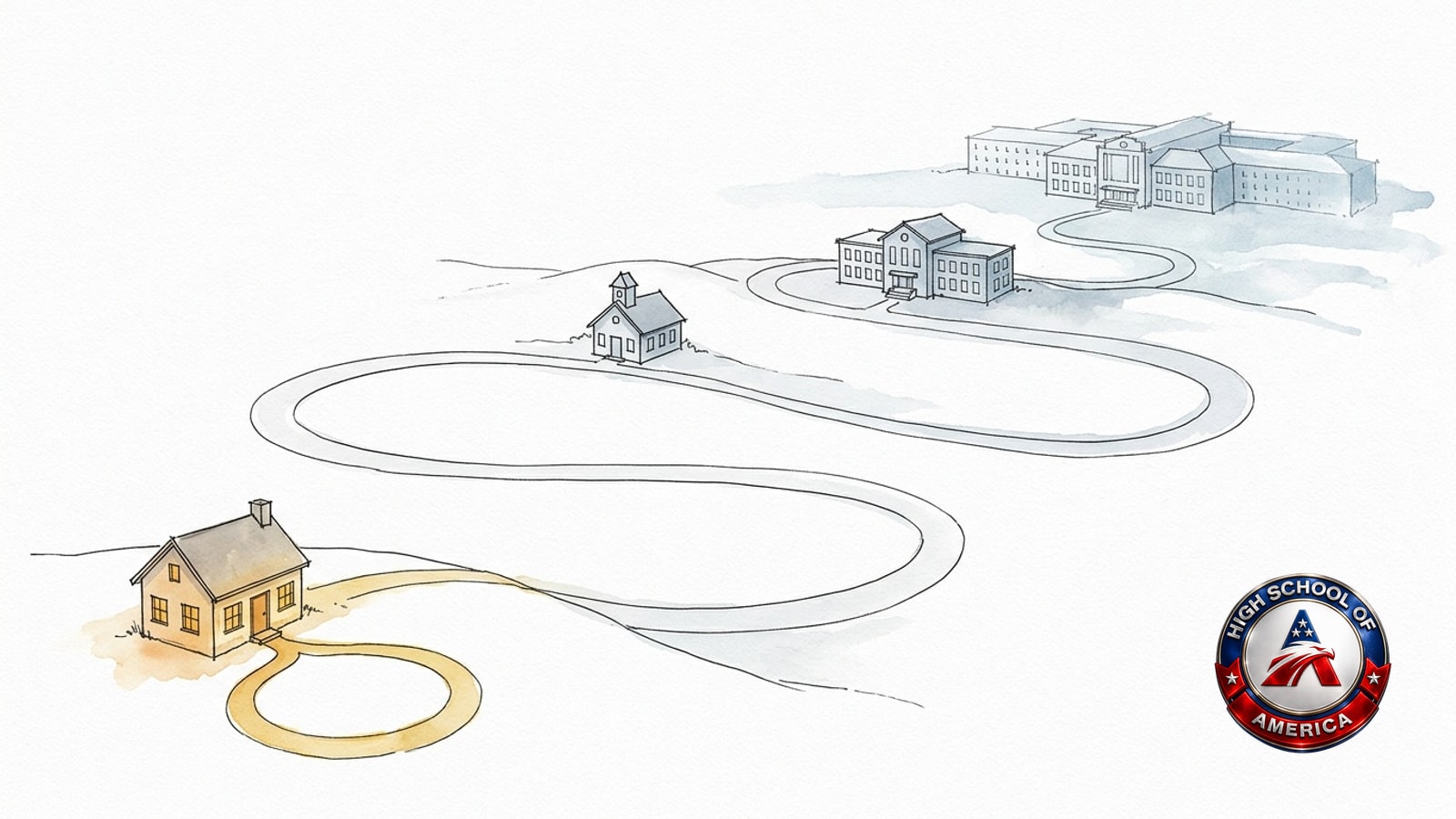 Watercolor and ink drawing: one long cool road unspools from a small house toward a huge distant school, while a short golden path loops from the same front door back to itself