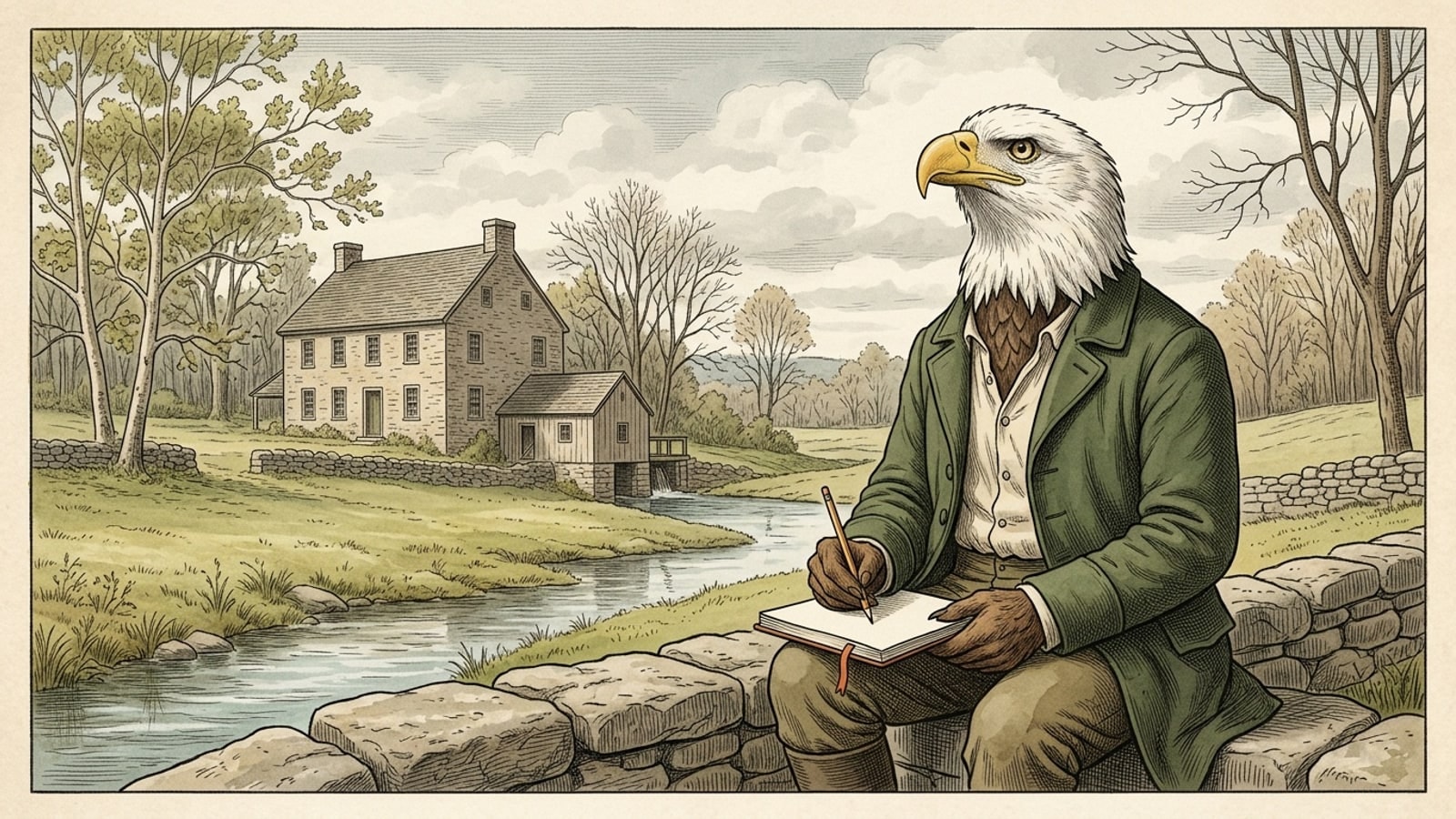 Lower Providence Township online K-12 school: the Eagle with a sketchbook on a stone wall below Mill Grove