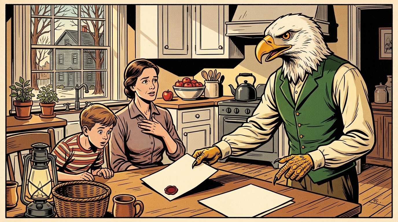Comic panel: the High School of America eagle sets a stamped and approved plan down on a New England kitchen table in front of a relieved mother and her son, the school withdrawal letter still unsigned beside it