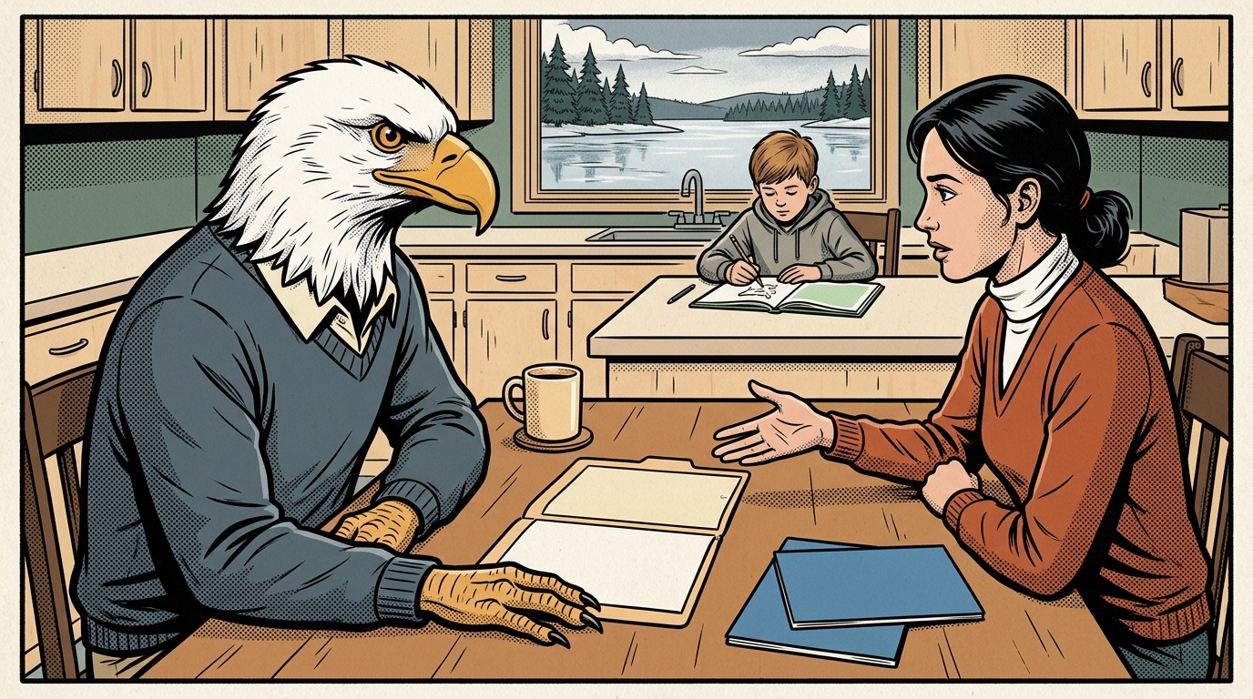 Comic panel: the High School of America eagle and a mother sit across a Minnesota kitchen table settling on a test together, her son working nearby, a folder of the year's work open between them