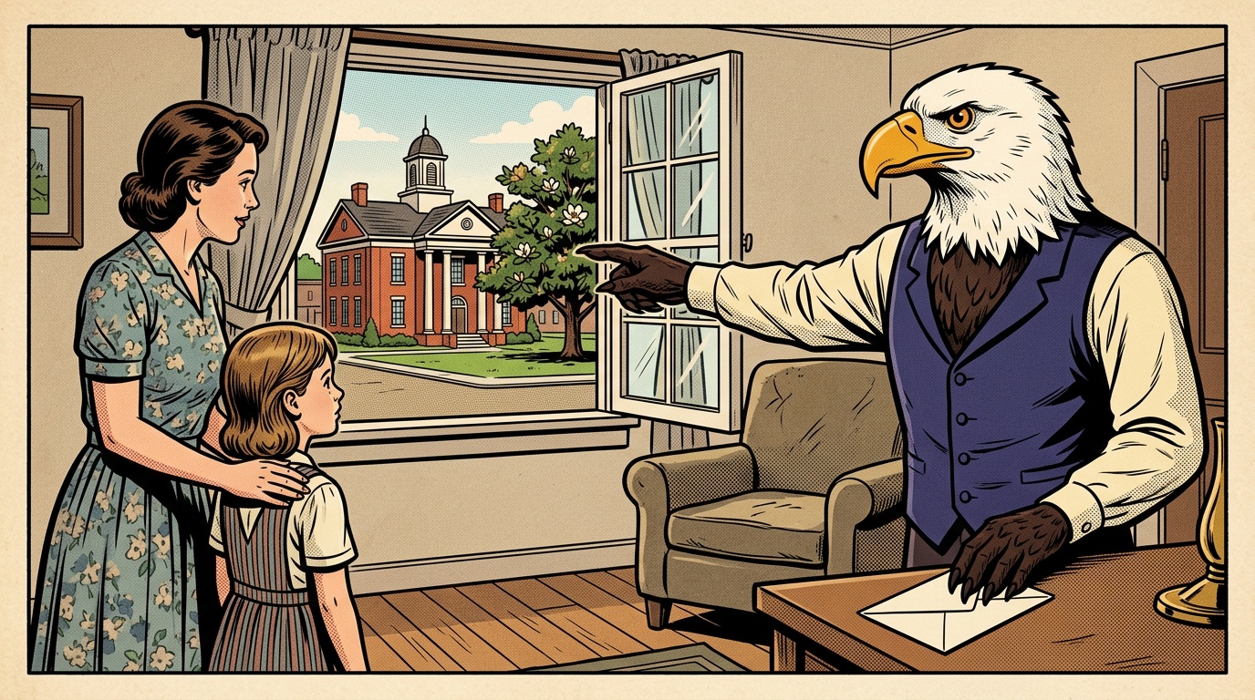 Comic panel: the eagle points a Mississippi family away from the withdrawal letter and toward the county attendance officer