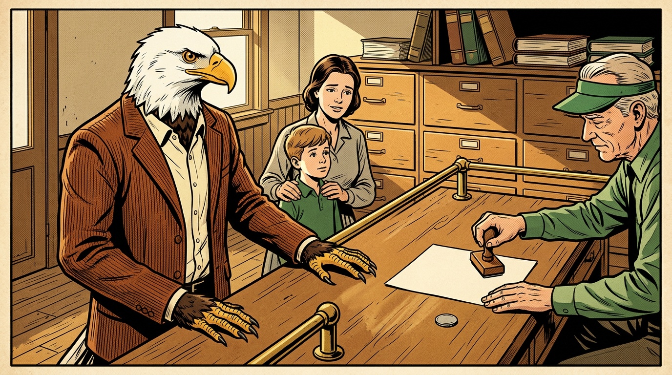 Comic panel: the High School of America eagle stands with a mother and her son at a Missouri county recorder's counter as a clerk stamps a single sheet, a small coin on the wood beside it