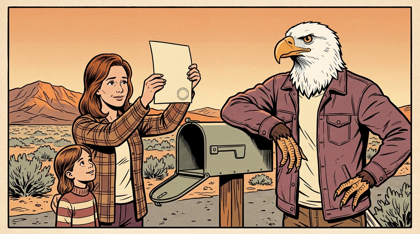 Comic panel: the High School of America eagle leans on a roadside mailbox at dawn in the Nevada desert while a mother lifts out a single stamped sheet and her daughter looks on