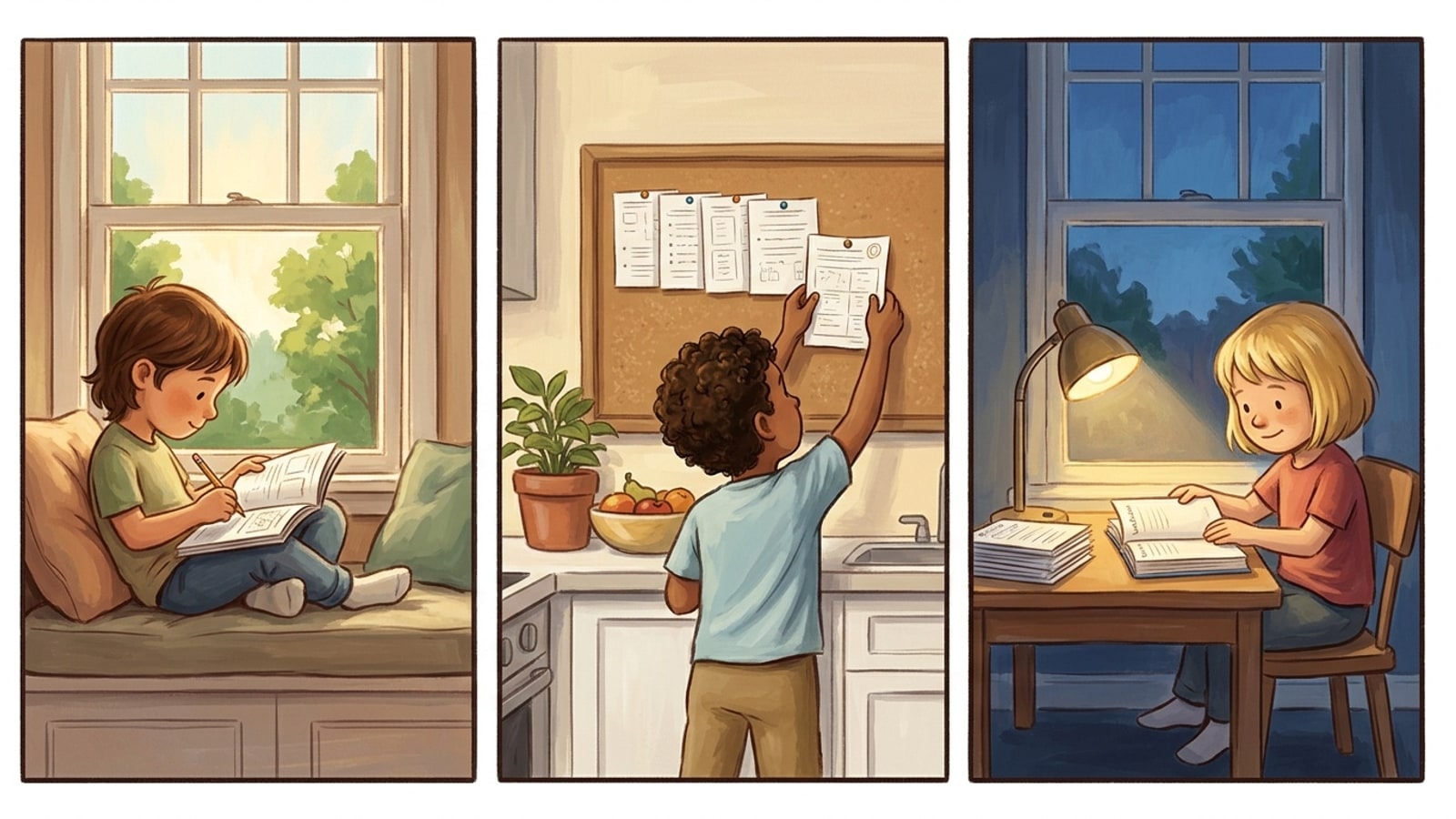 Three-panel painterly comic: a child reading on a window seat, a child pinning a finished worksheet to a kitchen corkboard, a child closing a workbook at an evening desk