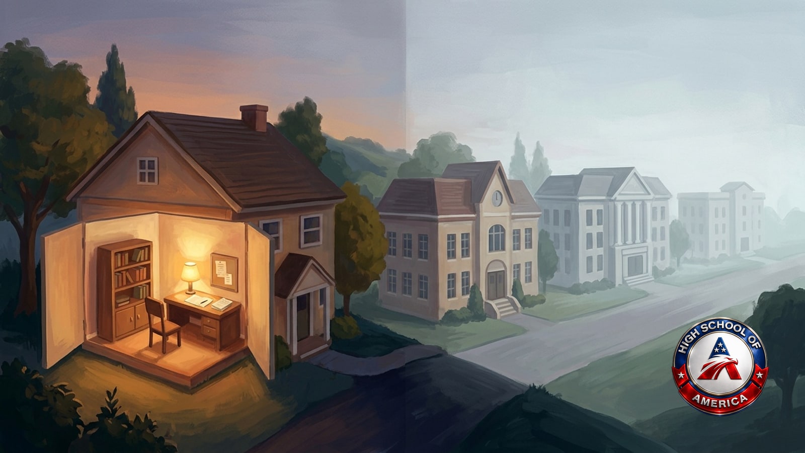 Painterly cutaway of one lit home study room beside a fading row of four separate school buildings