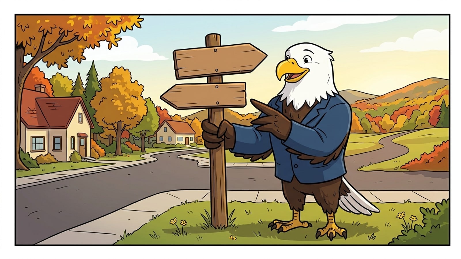 Owensboro online K-12 school: the head of school beside a two-way signpost, explaining which district is which