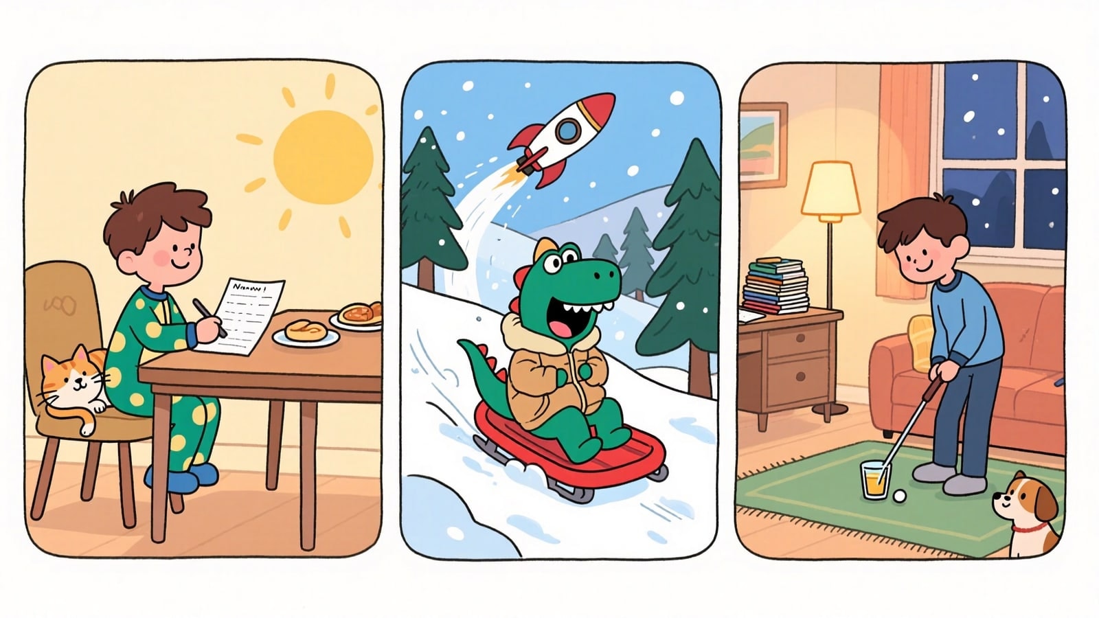 Plum online homeschool comic: a second grader finishes his worksheet at breakfast, spends the afternoon on the sledding hill, and a high schooler practices putting after the week's work is done