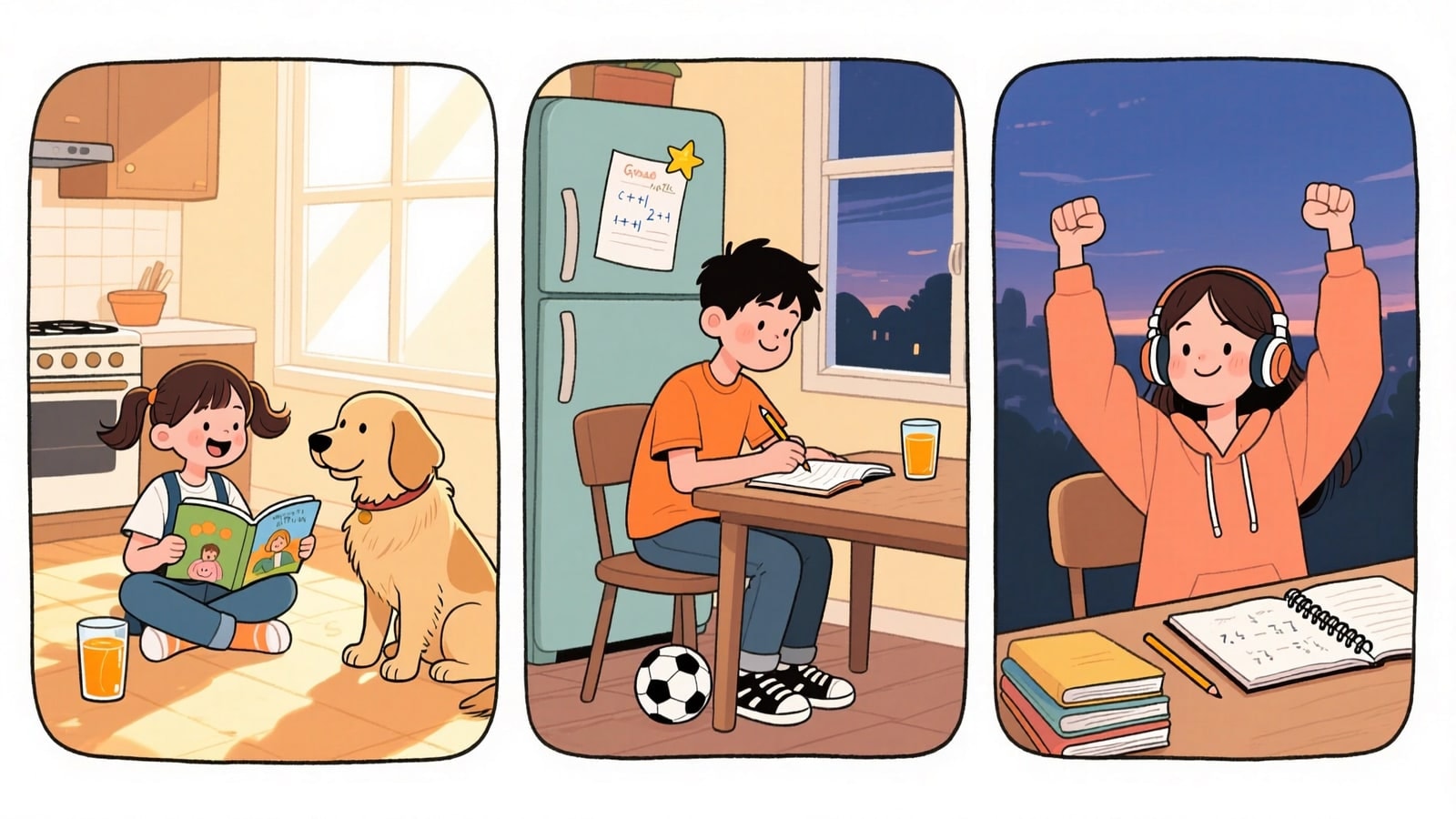 Spring Township online homeschool comic: a kindergartner reads aloud to the dog at dawn, a middle schooler finishes math after soccer practice, a high schooler wraps her last quiz at her own desk