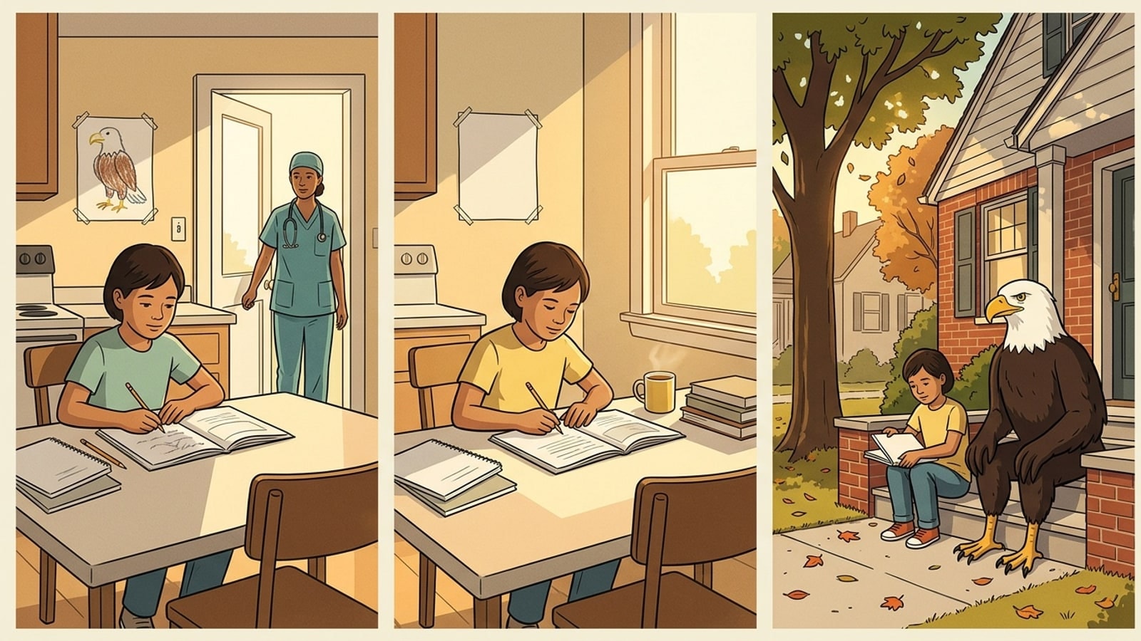 Three panels of a school day in a Teaneck household