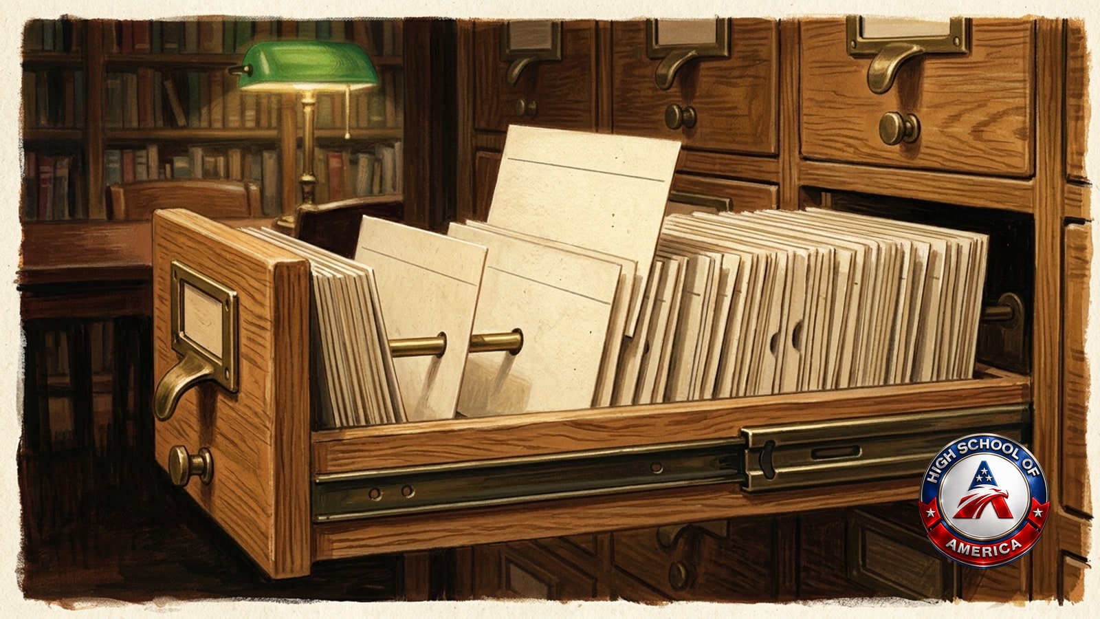 An open library card catalog drawer, the cards standing in order