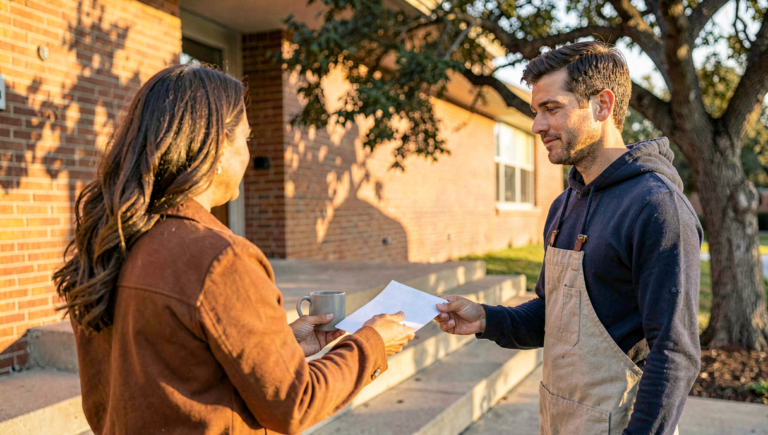 A Texas parent handing a withdrawal letter to a staff member on the front steps of a brick school at golden hour