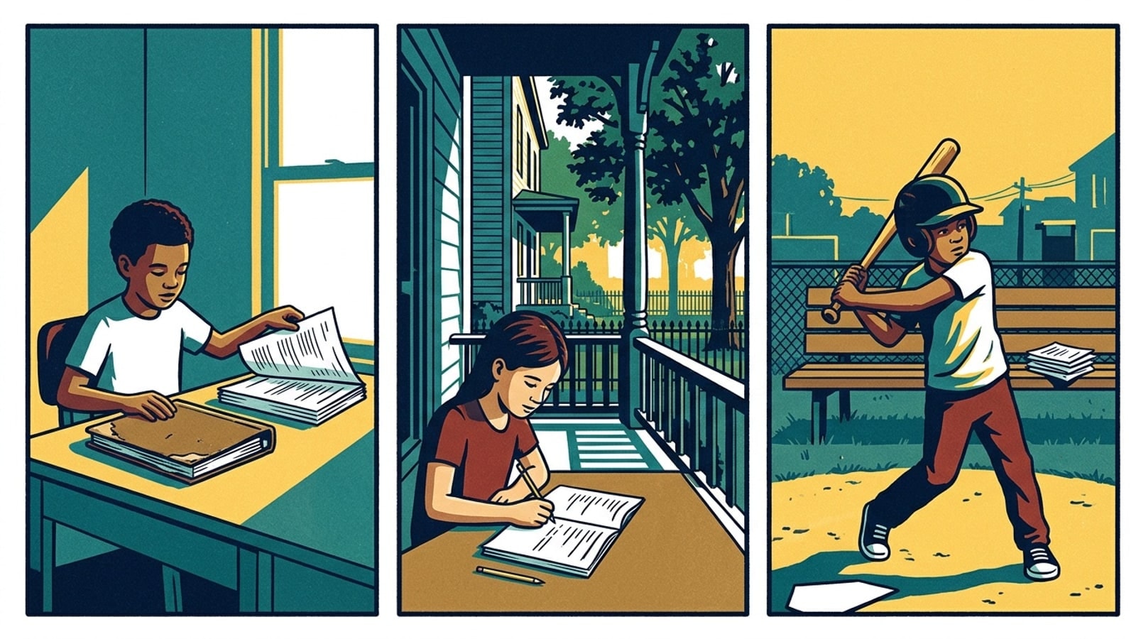 Three-panel screen-print comic of Williamsport students: a child shelving an old binder for fresh worksheets, a child working on a Victorian porch, a child batting at a sandlot at dusk