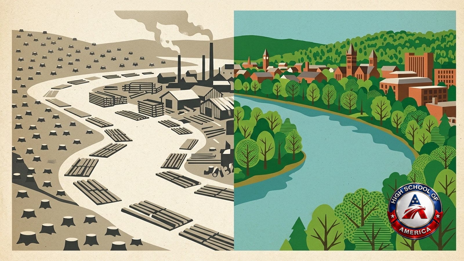 Screen-print diptych of the same river bend in Williamsport: log-boom sawmill era in sepia on the left, leafy college town in color on the right