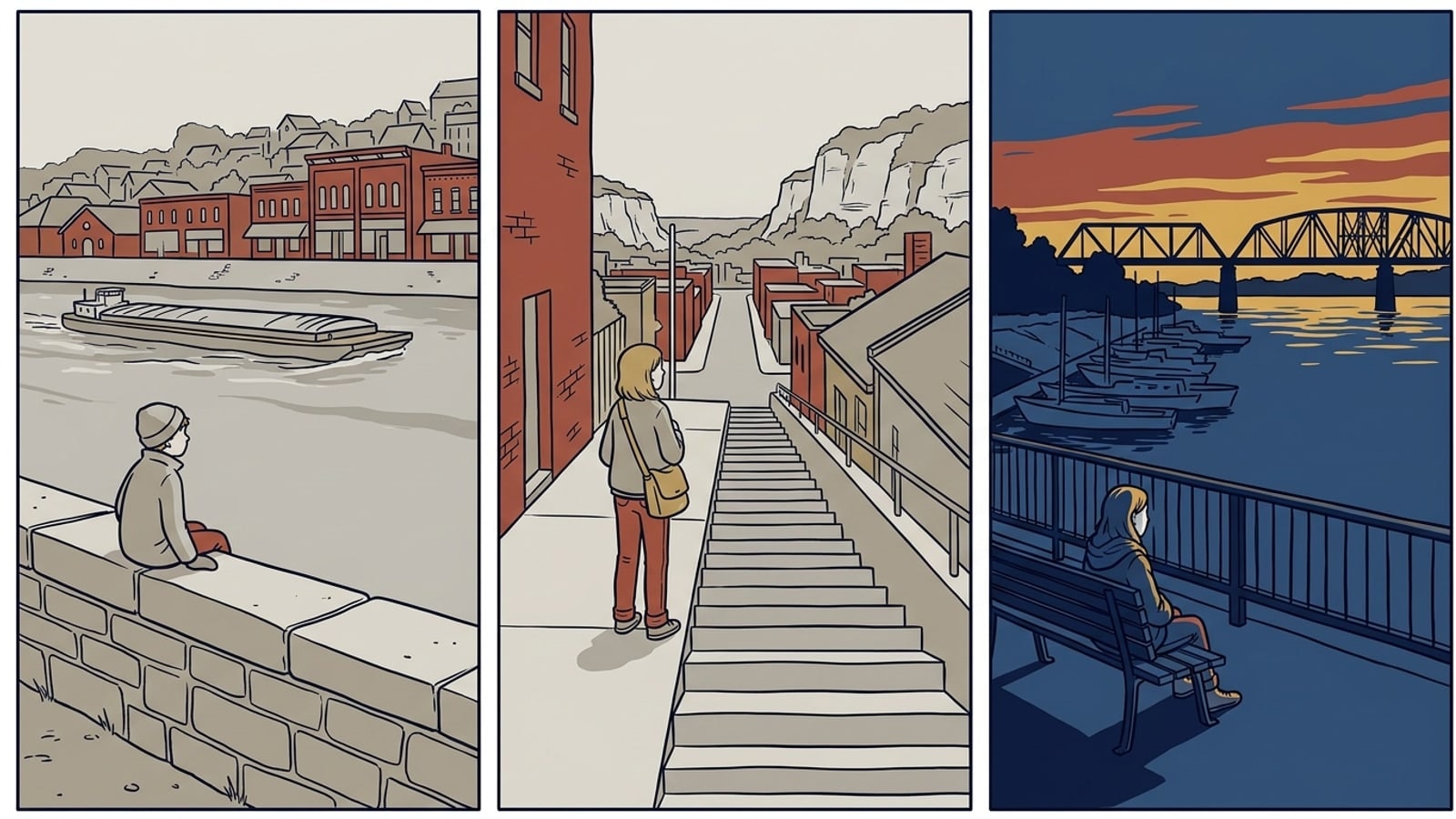 Three panel comic of children on the levee, a hill street and a riverfront park, for the Alton online homeschool page