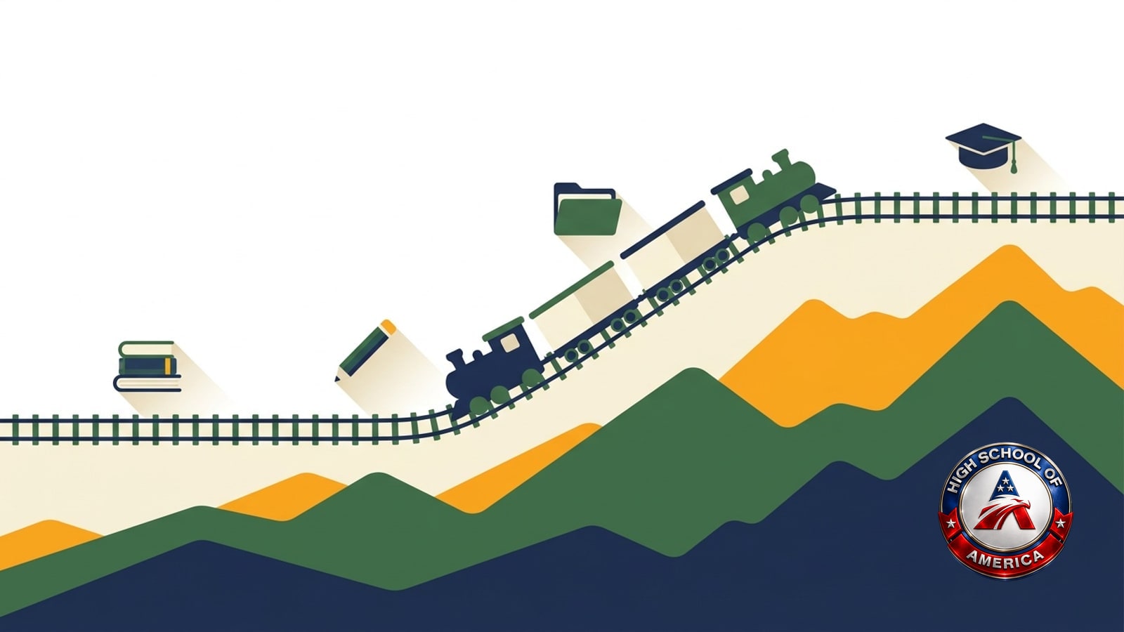 Illustration for Altoona online homeschool families: a train climbing a mountain grade with a helper engine at the rear on the steep stretch, books at the bottom and a graduation cap at the summit