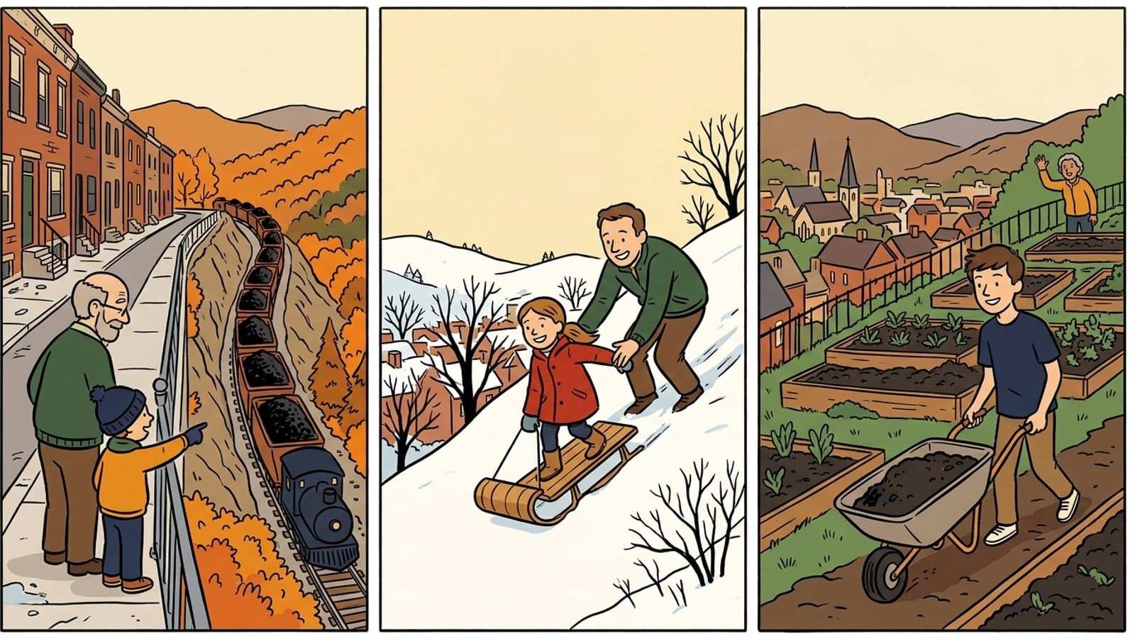 Three-panel comic of Altoona online homeschool students: a boy watching helper engines push a freight train up the mountain, a girl hauling her sled up a park hill, a teen pushing a wheelbarrow up a garden rise