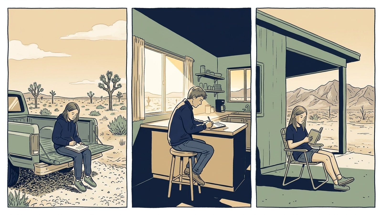 Three panels, one student in each: a girl writing in a notebook on a pickup tailgate under a wide sky, a boy writing at a kitchen counter, a girl reading in a folding chair under a carport