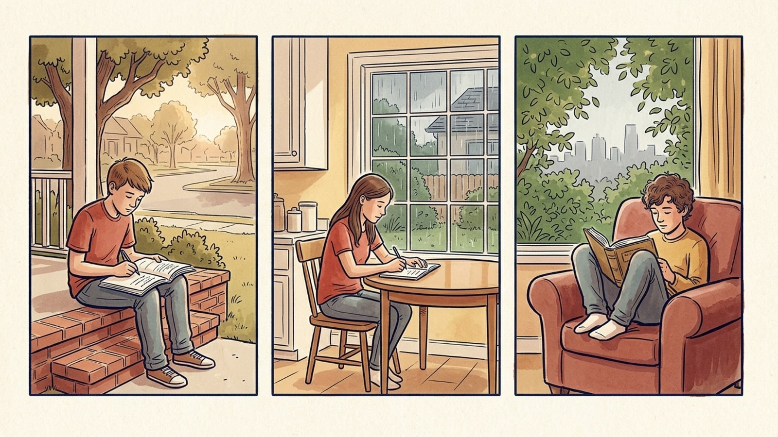 Three panels, one teenager in each: a boy working on a brick front porch in the morning, a girl writing at a kitchen table while it rains outside, a boy reading in an armchair with green canopy and a distant skyline through the window
