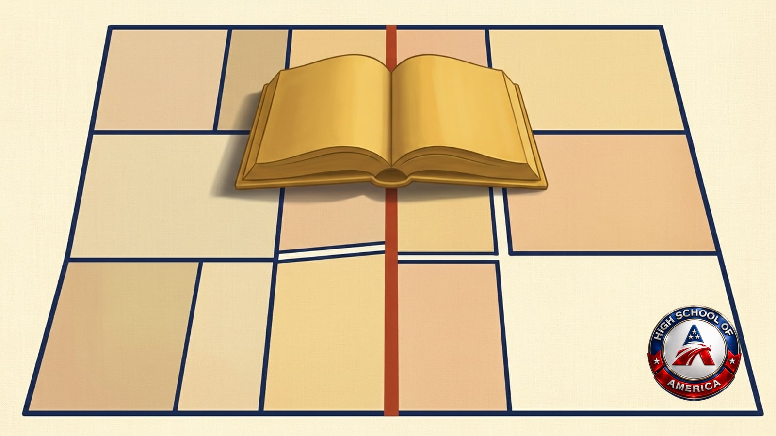 A city block drawn as a survey plan, divided into parcels by navy property lines, with a red line cutting three parcels in two and a single gold open book resting unbroken across the divide