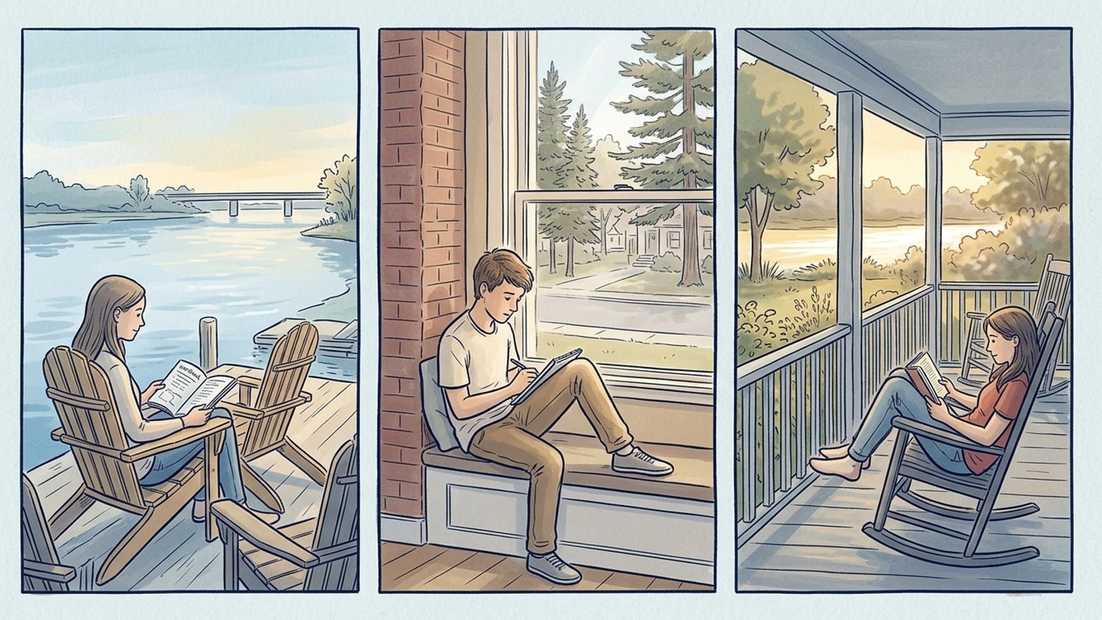 Three panels, one teenager in each: a girl working on a dock chair at the water's edge, a boy writing at a window bench in a brick house, a girl reading in a porch rocking chair with the river beyond