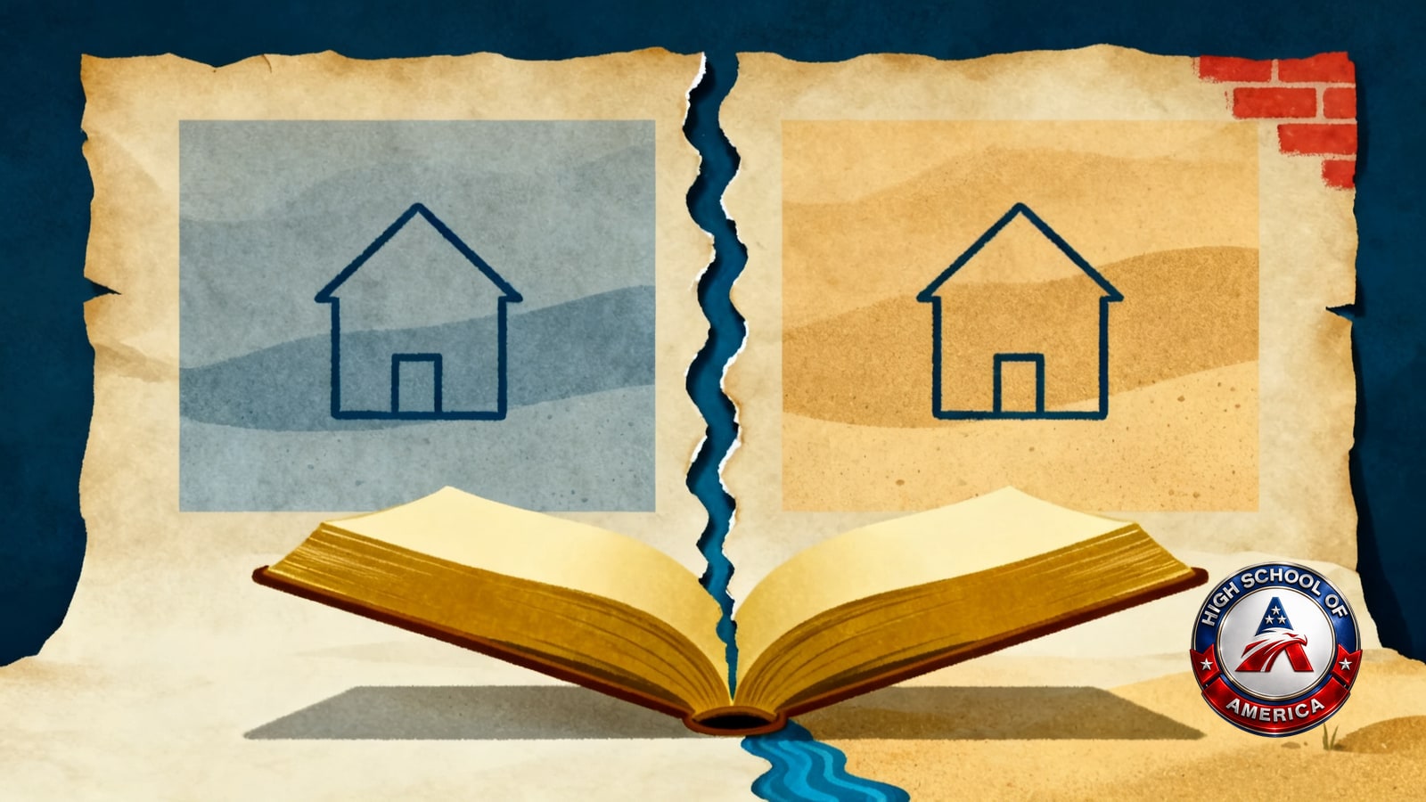 A single sheet of parchment torn down the middle along a wavy line painted as a blue river, the two halves tinted differently but carrying matching house shapes, with one gold open book lying unbroken across the gap