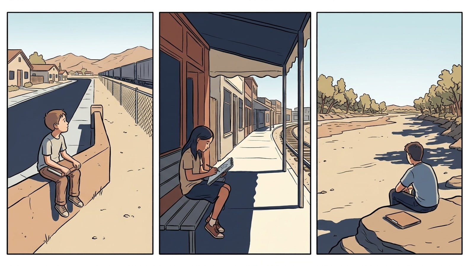 Three-panel comic of Barstow children by the tracks, on main street and at the riverbed, a Barstow online homeschool day