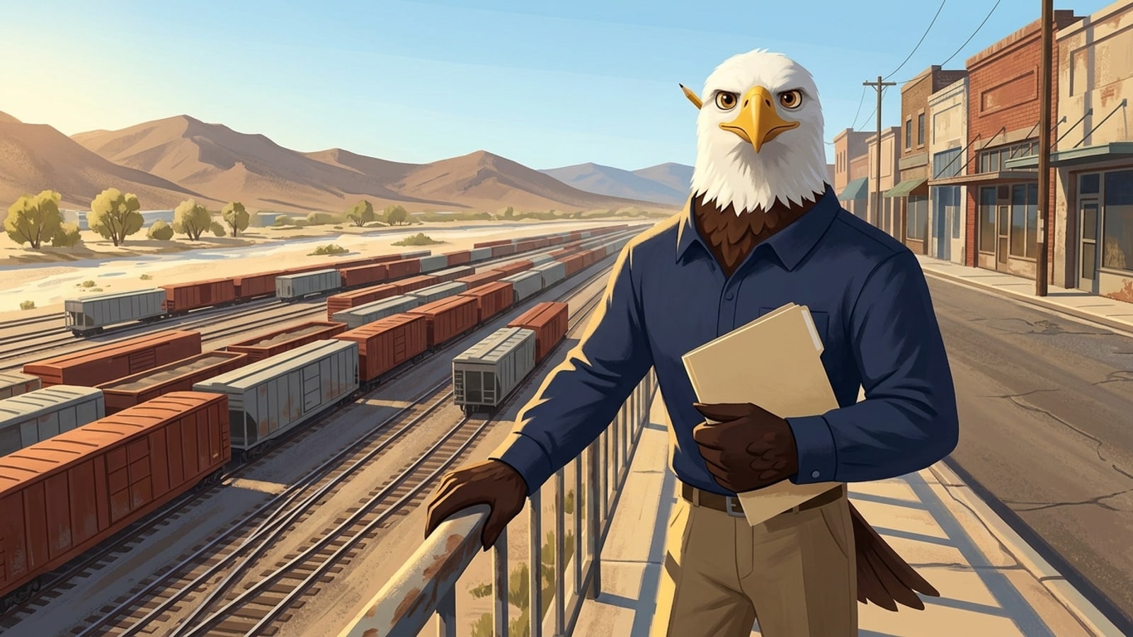 The eagle mascot in a navy polo looks back from a sidewalk above the Barstow rail yard at sunrise, for Barstow online homeschool families
