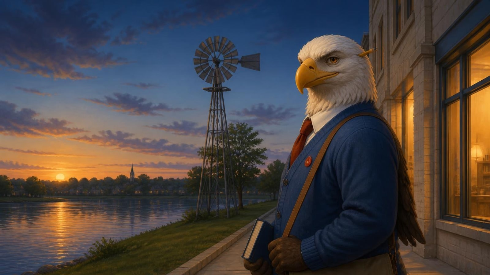 The bald eagle mascot of Batavia online homeschool in a blue cardigan on a riverside sidewalk at dusk, an old farm windmill behind him