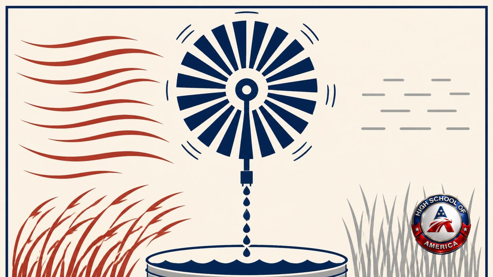 Flat diagram of a windmill wheel turning evenly between strong wind and still air, the Batavia online homeschool idea of a steady pace