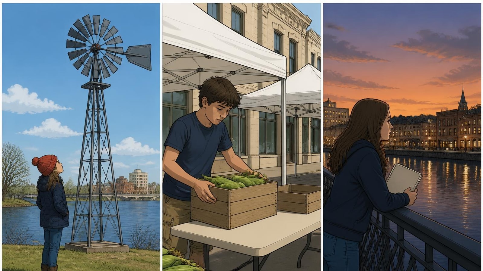 Three-panel comic of Batavia students in spring, summer and autumn around town, the seasons an online homeschool week fits around