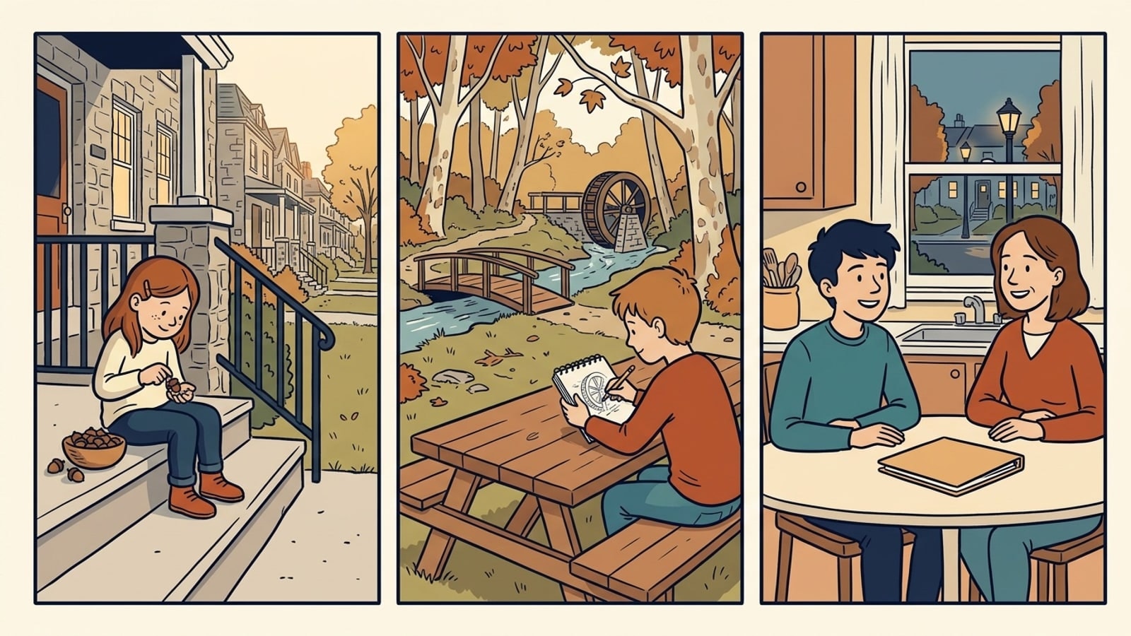 Cheltenham Township online homeschool comic: a young girl counts acorns on a porch, a boy sketches a waterwheel by a creek trail, and a teenager plans with his mother at the kitchen table
