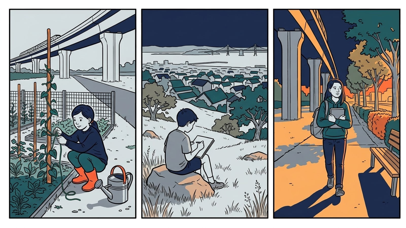 Three-panel comic of El Cerrito online homeschool students: a garden plot under the train line, a sketch on the hillside, a bicycle repair on the path
