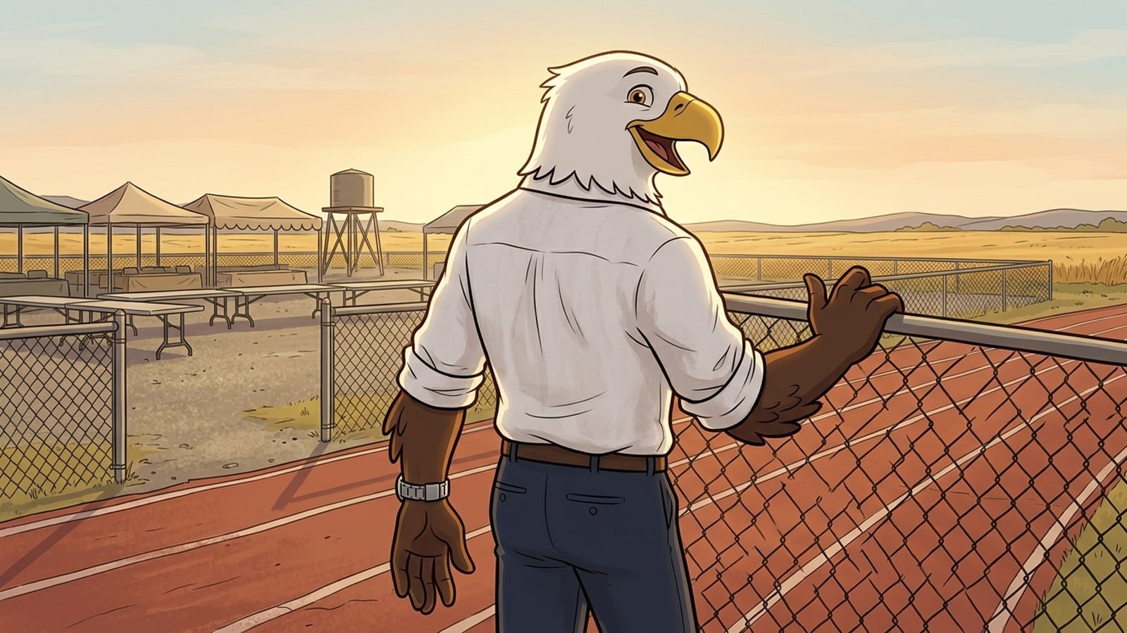 The High School of America eagle at the edge of a running track outside Galt, California, with the open-air market row and open country behind him