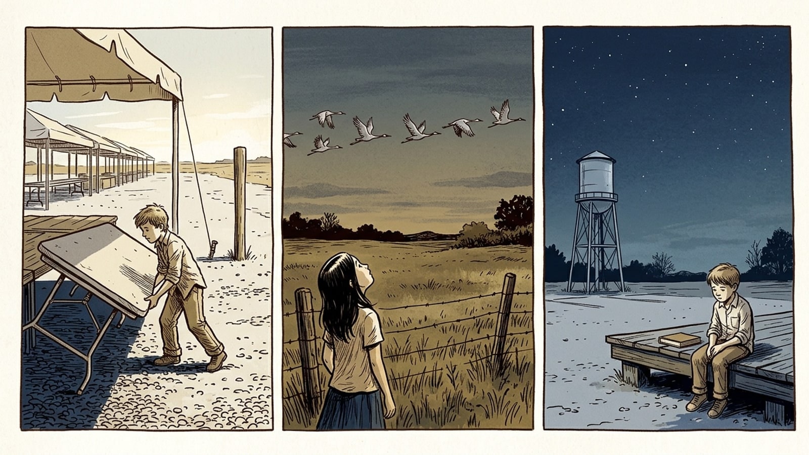 Three panel strip of Galt online homeschool students at the market lot, the field fence at dusk and the loading platform