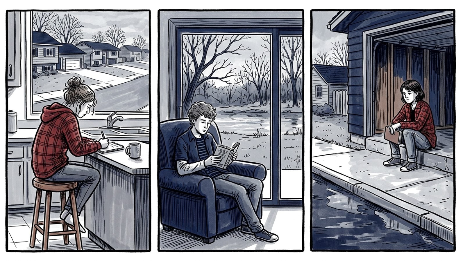 Three panels, one student in each: a girl writing at a kitchen counter with a quiet street of split-level houses through the window, a boy reading by a sliding door with floodplain woodland beyond, a girl reading on a garage step by wet asphalt