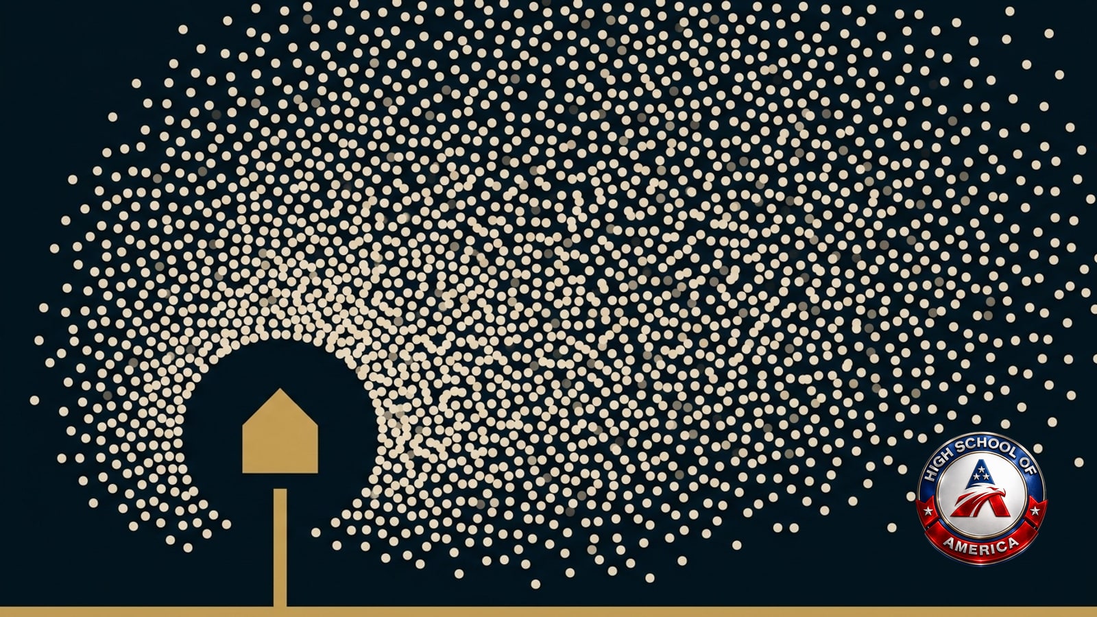 An enormous swirling directionless mass of tiny pale dots filling the frame, with one small gold house shape sitting clear of it in its own circle of dark space, joined by a short gold line to a solid baseline