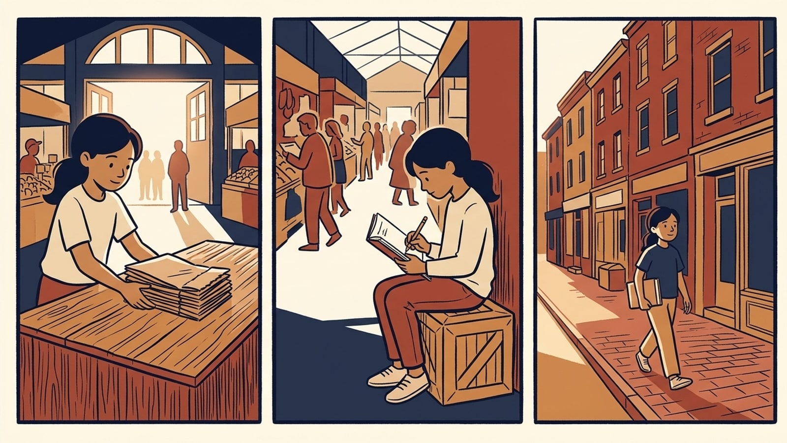 Three panels of a student's morning at a market hall and her Harrisburg online homeschool lesson