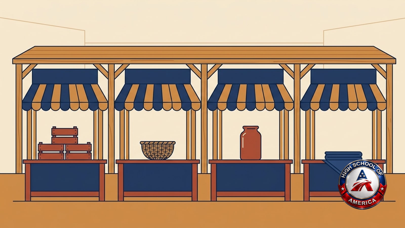 Four market stall fronts under one roofline, an illustration for Harrisburg online homeschool grade levels