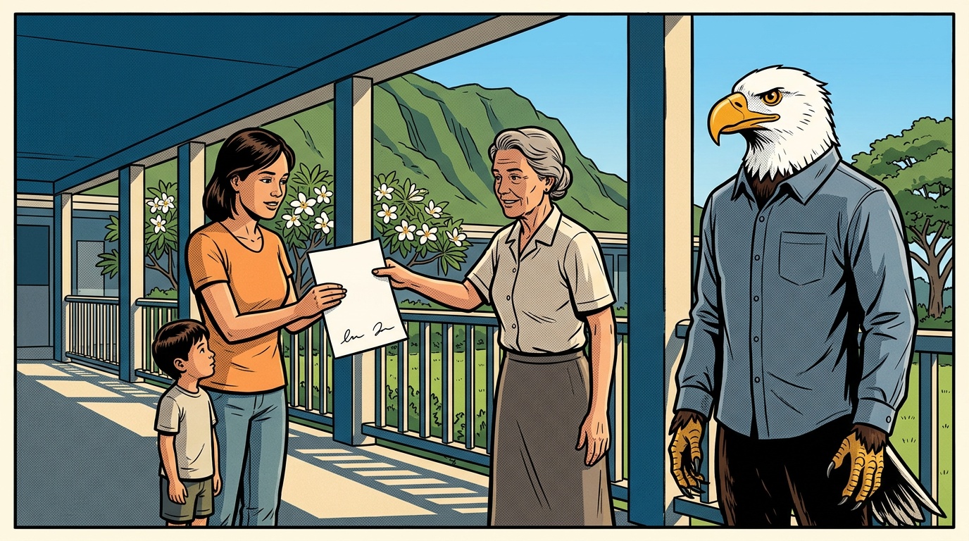 Comic panel: in an open-air Hawaii school breezeway a principal holds a single signed sheet of paper out toward a mother, who is taking it back into her own hands, her child beside her and the High School of America eagle standing to one side